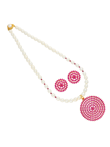 Picture of Red Circular Shape Pearl Pendant Set