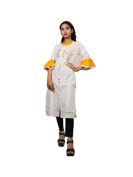 Picture of Handwork Meterial White Frill Sleeve Rayon Kurti For Woman