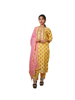 Picture of Women's Rayon Printed Straight Kurti With Solid Trouser and Duptta Set (Yellow & Pink )