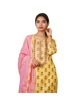 Picture of Women's Rayon Printed Straight Kurti With Solid Trouser and Duptta Set (Yellow & Pink )