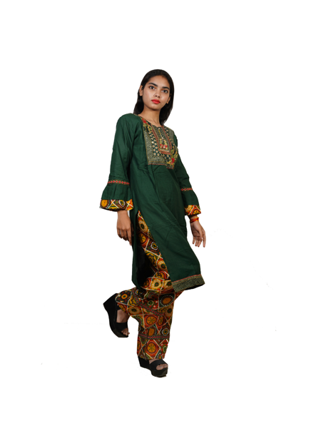 Picture of Dark Geen Rayon Thread worked kurti with printed plazzo set for woman