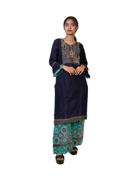 Picture of Solid Navy  Blue Kurti With Green Printed  Plazzo Set For woman