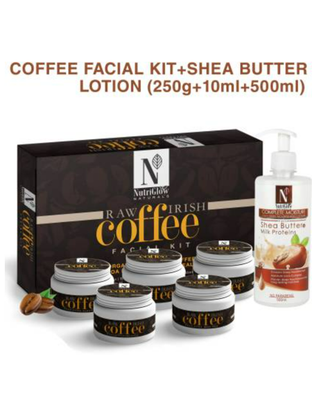 Picture of NutriGlow NATURAL'S Raw Irish Coffee Facial Kit (260 gm) + Shea Butter & Milk Proteins (500 ml) /Complete Moisture / Natural Glowing / Hydrate Skin / Skin Nourishment Lotion