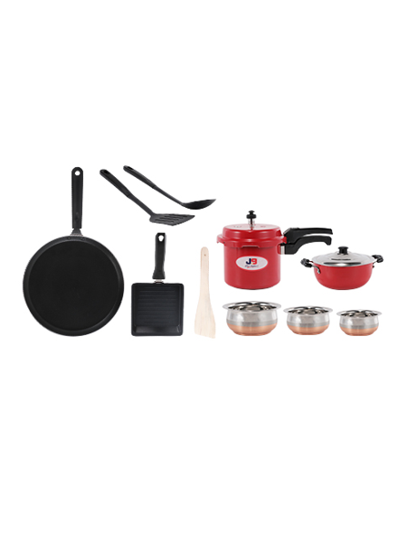 9 Pcs Red Non Stick Cookware Set and 3 Ltr Pressure Cooker Combo