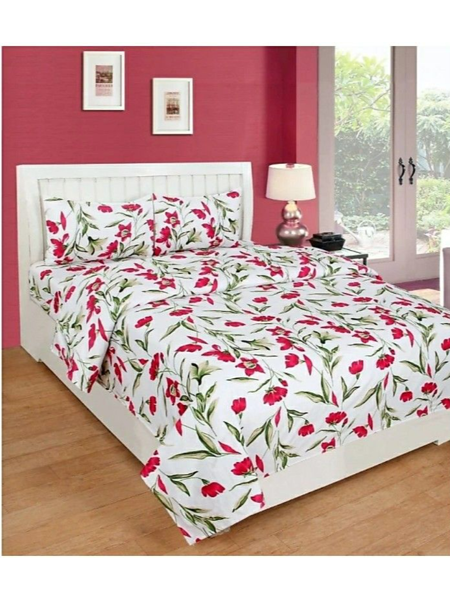 3D Red & White Floral Printed Double Bedsheets with Pillow Covers by HOMDAZAL