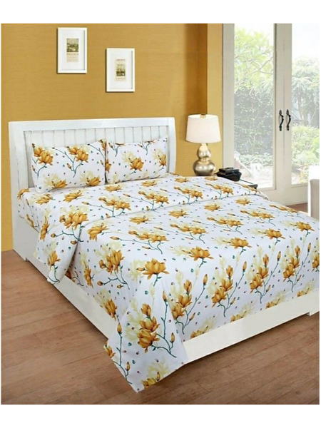 3D Yellow Floral Printed Double Bedsheets with Pillow Covers by HOMDAZAL