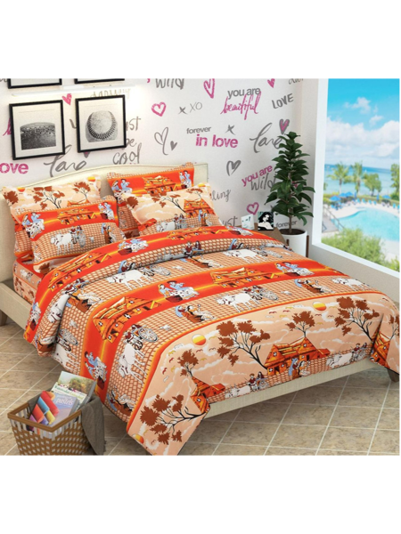 3D Cart and Village Printed Double Bedsheets with Pillow Covers by HOMDAZAL