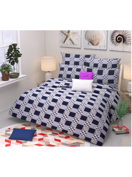 3D Blue & White Square Printed Double Bedsheets with Pillow Covers by HOMDAZAL