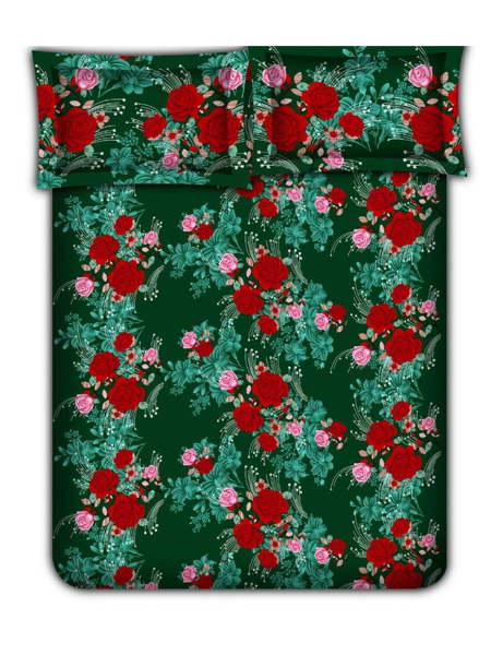 3D Red Roses on Green Printed Double Bedsheets with Pillow Covers by HOMDAZAL