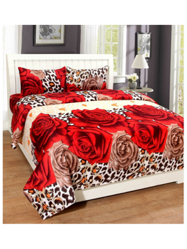 3D Rose Printed in Red & Brown Double Bedsheet with Pillow Covers by HOMDAZAL