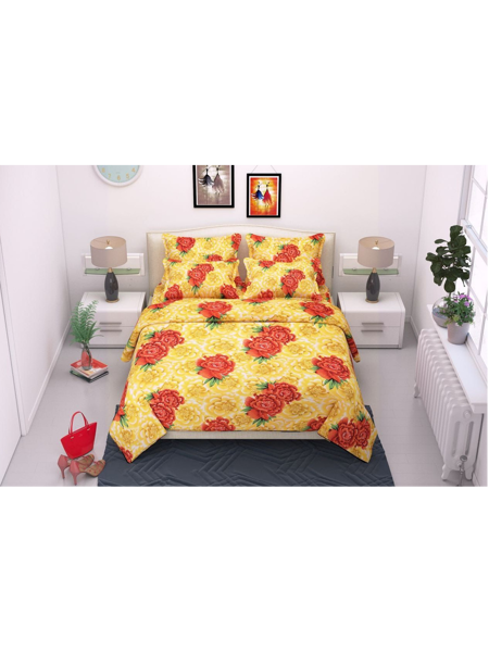 Picture of 3D Red Rose on Yellow Printed Double Bedsheet with Pillow Covers by HOMDAZAL