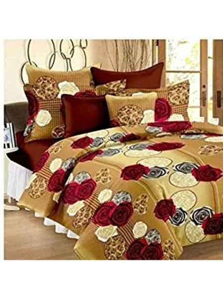 3D Red Rose on Gold Printed Double Bedsheet with Pillow Covers