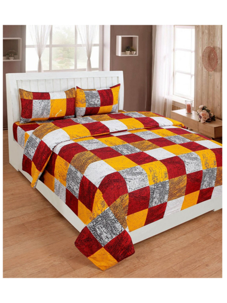 3D Checks Printed in Red, Yellow & White Double Bedsheet with Pillow Covers