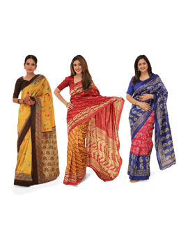 Combo of 3 Banarasi Inspired Silk Sarees with Blouse Piece by Sacchi