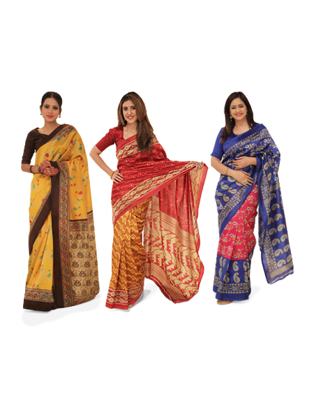 Combo of 3 Banarasi Inspired Silk Sarees with Blouse Piece by Sacchi