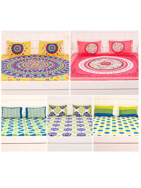 Picture of Aapno Rajasthan Jaipuri Cotton Sanganeri Double size Pack of 5 Bedsheet with 10 Pillow Covers Combo