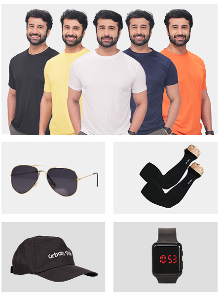 Picture of Pack of 5 T-Shirts with LED Watch ,Sunglasses ,Cap  , Riding Sleeves