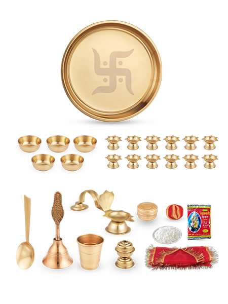 Picture of 25Pcs Gold Plated Pooja Thali with Pooja Accessories - Swastik