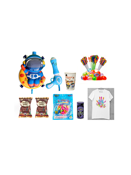 Picture of Set of 8 Pcs: Moon Pichkari Tank, Fruit Gulal, Herbal Gulal, Balloons, Self-Sealing Balloons, Holi T-Shirt by Darling Toys