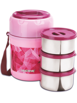 Picture of Trueware Office Plus 3 Stainless Steel Containers Tiffin Insulated Lunch Box |300 ml x 3 3 Containers Lunch Box  (900 ml, Thermoware) - Pink