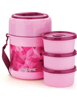 Picture of Trueware Foody 3 Plus Thermoware Lunch Box 3 Containers Lunch Box  (300 ml, Thermoware) - Pink