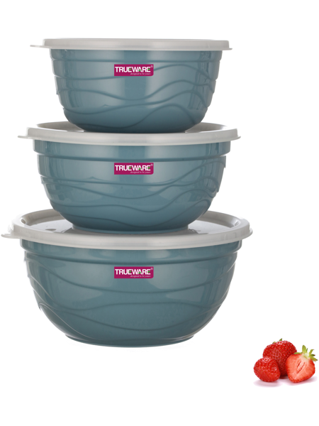 Picture of Trueware Stainless Steel, Plastic Serving Bowl Florra Microwave safe 1000,1400,2200 ML Bowl Set  (Pack of 3, Blue)