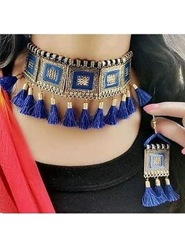 Picture of Pujvi fashion Choker Necklace with earring set for Girls and Women (1 set) Blue Tassel
