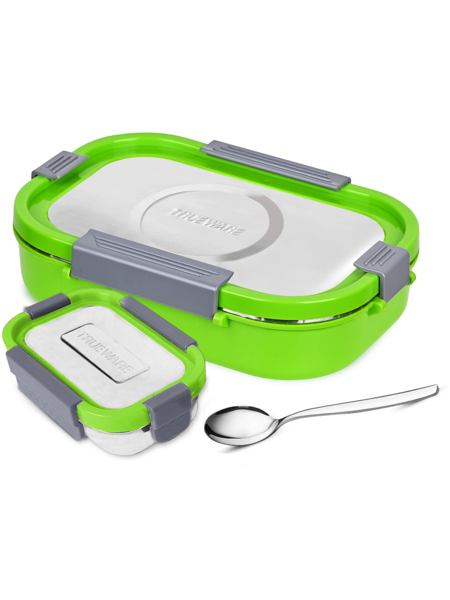 Picture of Trueware Clip Flip Lunch Box With ABS Drip Lock BPA Free, Food Grade, Air tight &Odorless 2 Containers Lunch Box  (1200 ml, Thermoware) - Green