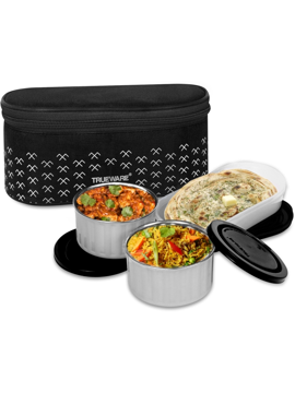 Picture of Trueware Meal Plum 300 X 2, 500 X 1 Container Black PP & SS Microwave Safe Lunch Box 3 Containers Lunch Box  (1100 ml) - Black