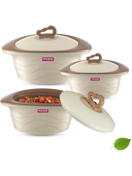 Picture of Trueware Zinna Impulse Inner Steel outer plastic Serving Casserole set Pack of 3 Thermoware Casserole Set  (750 ml, 1000 ml, 1500 ml) - Brown & White