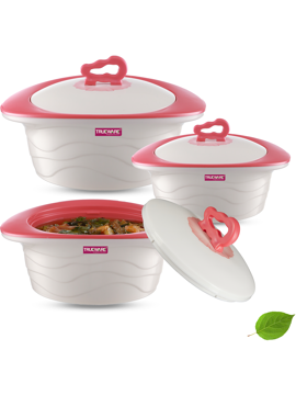 Picture of Trueware Zinna Impulse Inner Steel outer plastic Serving Casserole set Pack of 3 Thermoware Casserole Set  (1000 ml, 1500 ml, 2000 ml) - Pink & White